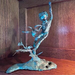 Malcom Moran Boy with Birds Bronze Tabletop Sculpture - Mid-Century MCM